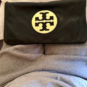 Tory Burch Black Leather Clutch with Gold Logo shoulder bag